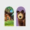 A cute bear character illustration set against a purple polka dot background and a green tree arch backdrop.