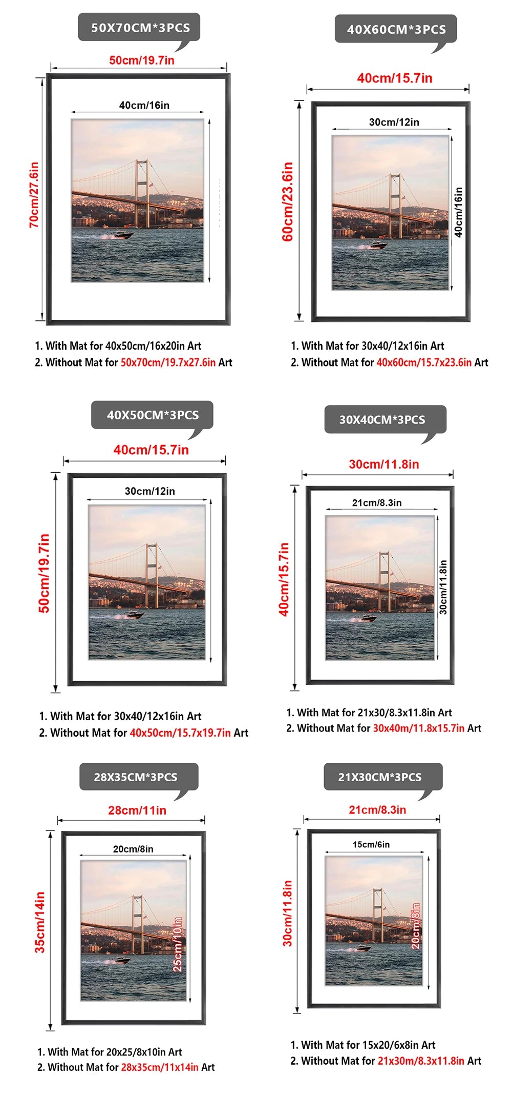Various sizes of aluminum photo display frames with different dimensions and mounting options