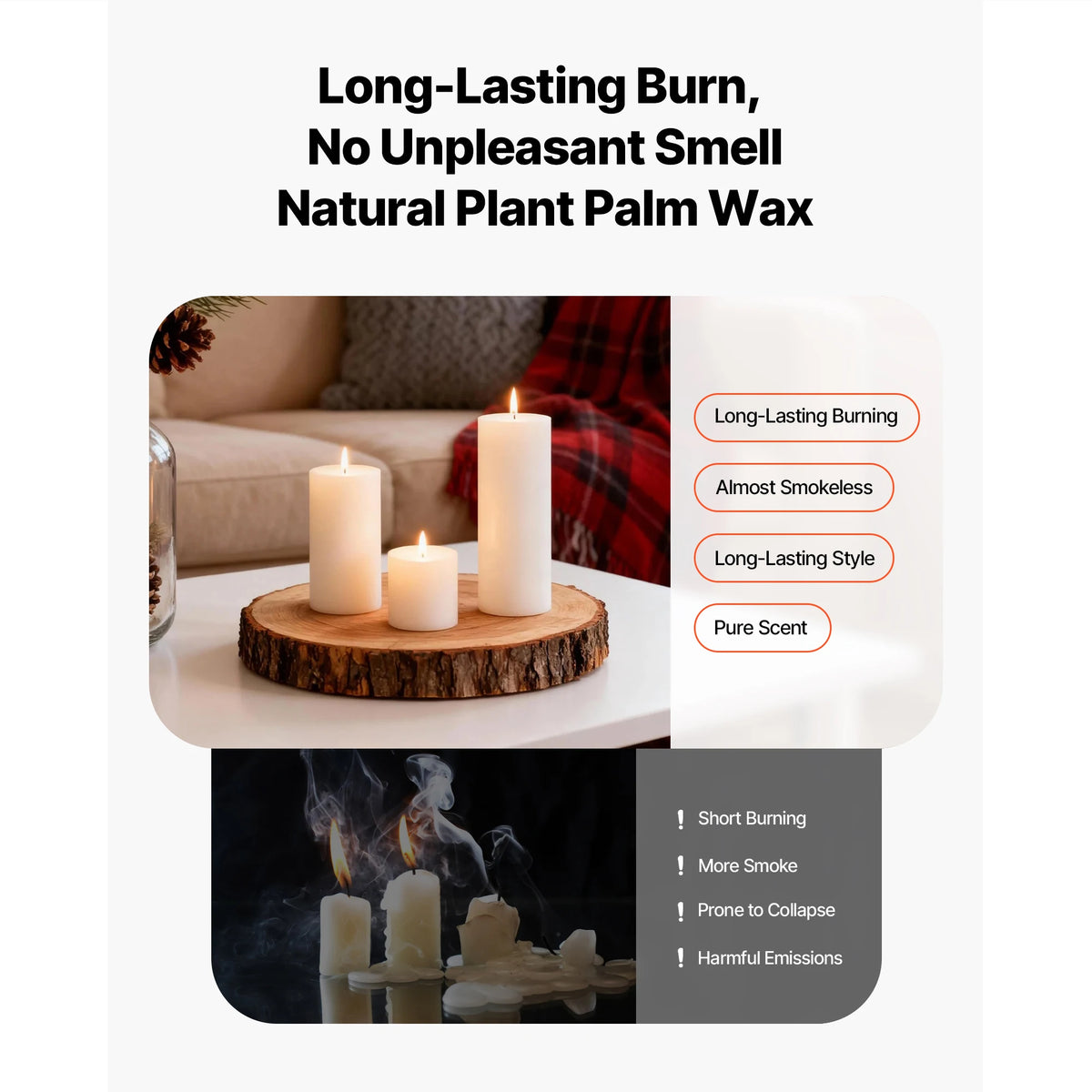 A set of glass cylinder pillar candles displayed on a wooden slab with a blurred background.