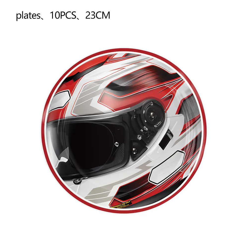 A red and white racing car face mask decoration set consisting of 10 plates.