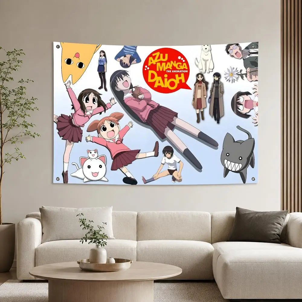 A vibrant anime wall tapestry featuring characters from Azumanga Daioh in a colorful illustration.
