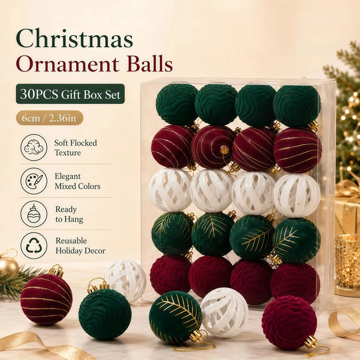 A box set of 30 velvet ornament balls in various shades of green, red, and white for Christmas holiday decor