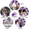 A collection of round latex balloons in silver, white, and purple used for various events like playing, birthday parties, sho