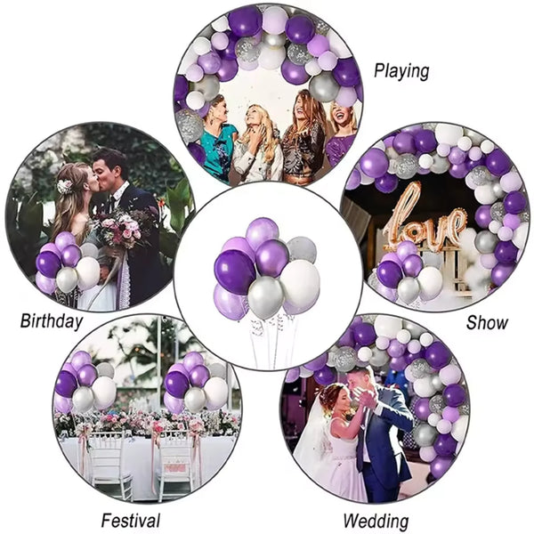 A collection of round latex balloons in silver, white, and purple used for various events like playing, birthday parties, sho