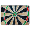 Vintage metal dartboard wall art with black, white, and red lines on a light brown background