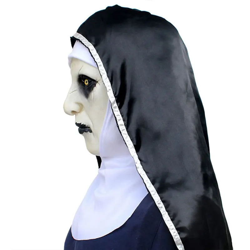 A scary nun latex mask with a black headscarf and white collar, shown in profile.