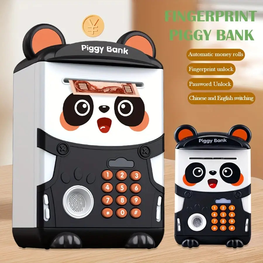 A white and black piggy bank shaped like a panda bear with a fingerprint lock and automatic money rolls.