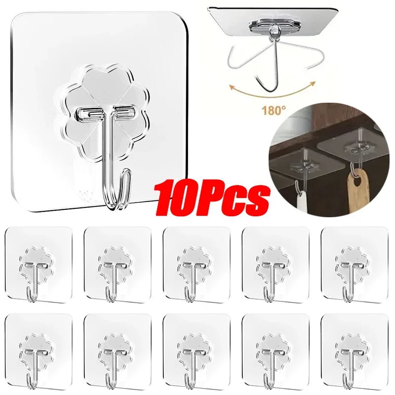 A set of 10 clear self-adhesive wall hooks with rotating arms shown next to a mounting bracket.