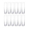 A set of twelve clear glass cylinder vases arranged in a row.