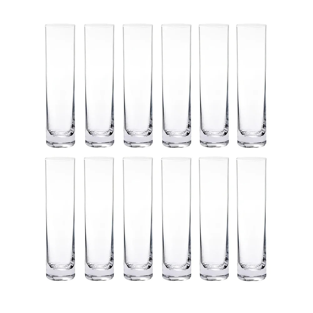 A set of twelve clear glass cylinder vases arranged in a row.