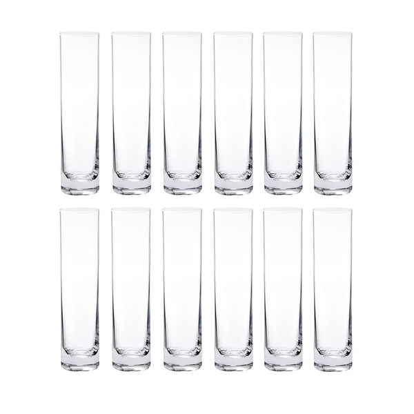 A set of twelve clear glass cylinder vases arranged in a row.