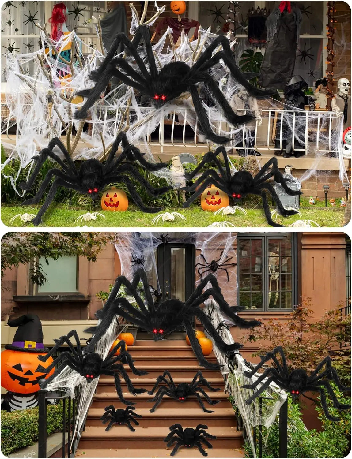 Giant black plush spiders decorating a porch and staircase for Halloween