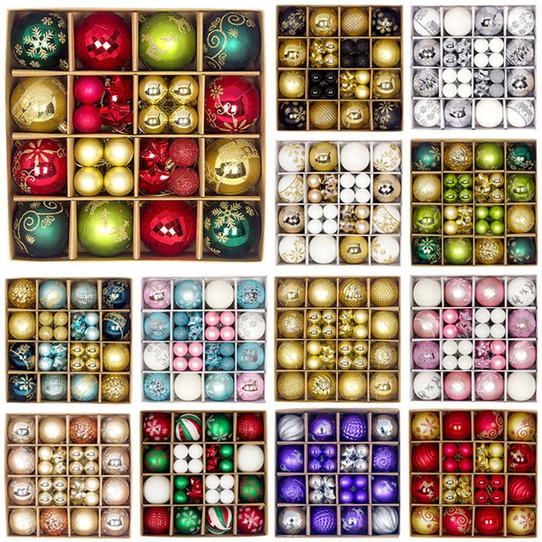 A collection of 44 festive Christmas ball ornaments in various colors and finishes.