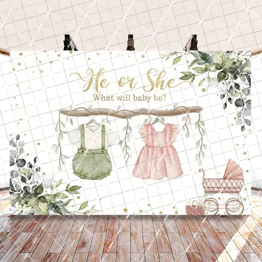 A watercolor illustration of a gender reveal banner featuring a bear balloon and greenery, with text asking what the baby wil