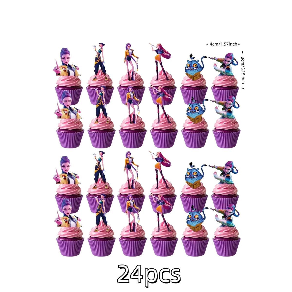 A set of 24 anime hunter girl cake toppers in various poses and colors
