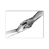 A black and white line art drawing of two hands clasped together.