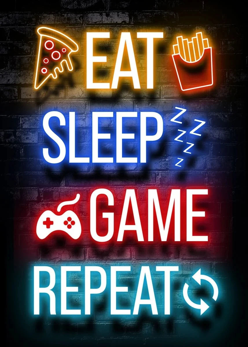 Neon alphabet signs spelling out EAT SLEEP GAME REPEAT on a brick wall background