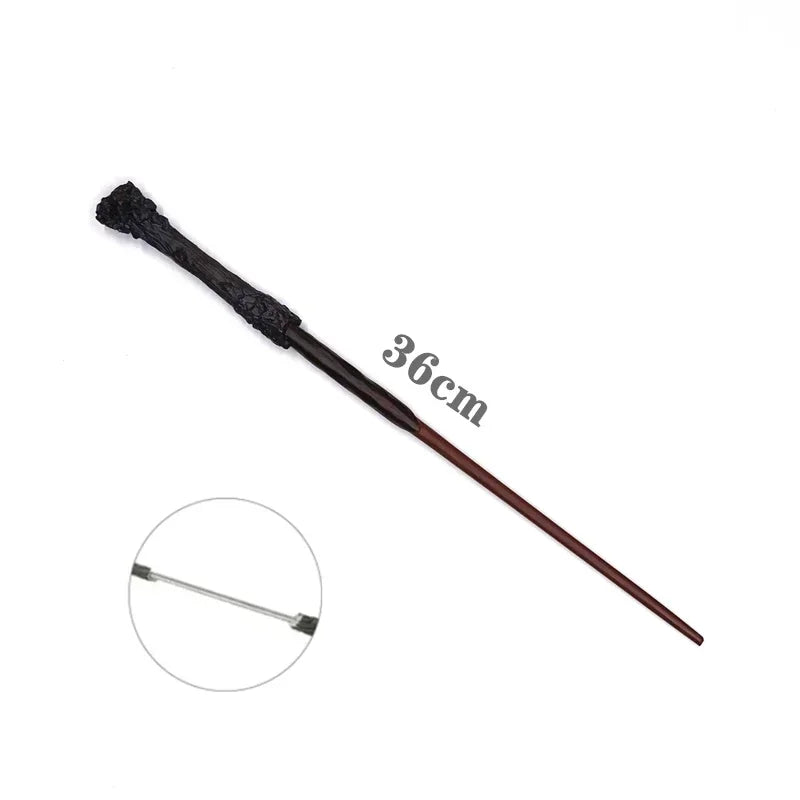 A long, dark brown magic wand with a fuzzy tip and a pointed end, shown next to a circular view.