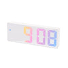 A white digital alarm clock displaying the time 9:08 with soft pink and blue light accents.