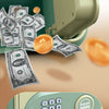 A close-up of a light green piggy bank with a keypad and cash bills scattered around it.