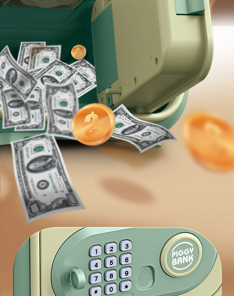 A close-up of a light green piggy bank with a keypad and cash bills scattered around it.