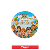 A colorful plate design for a birthday party featuring cartoon characters and balloons.