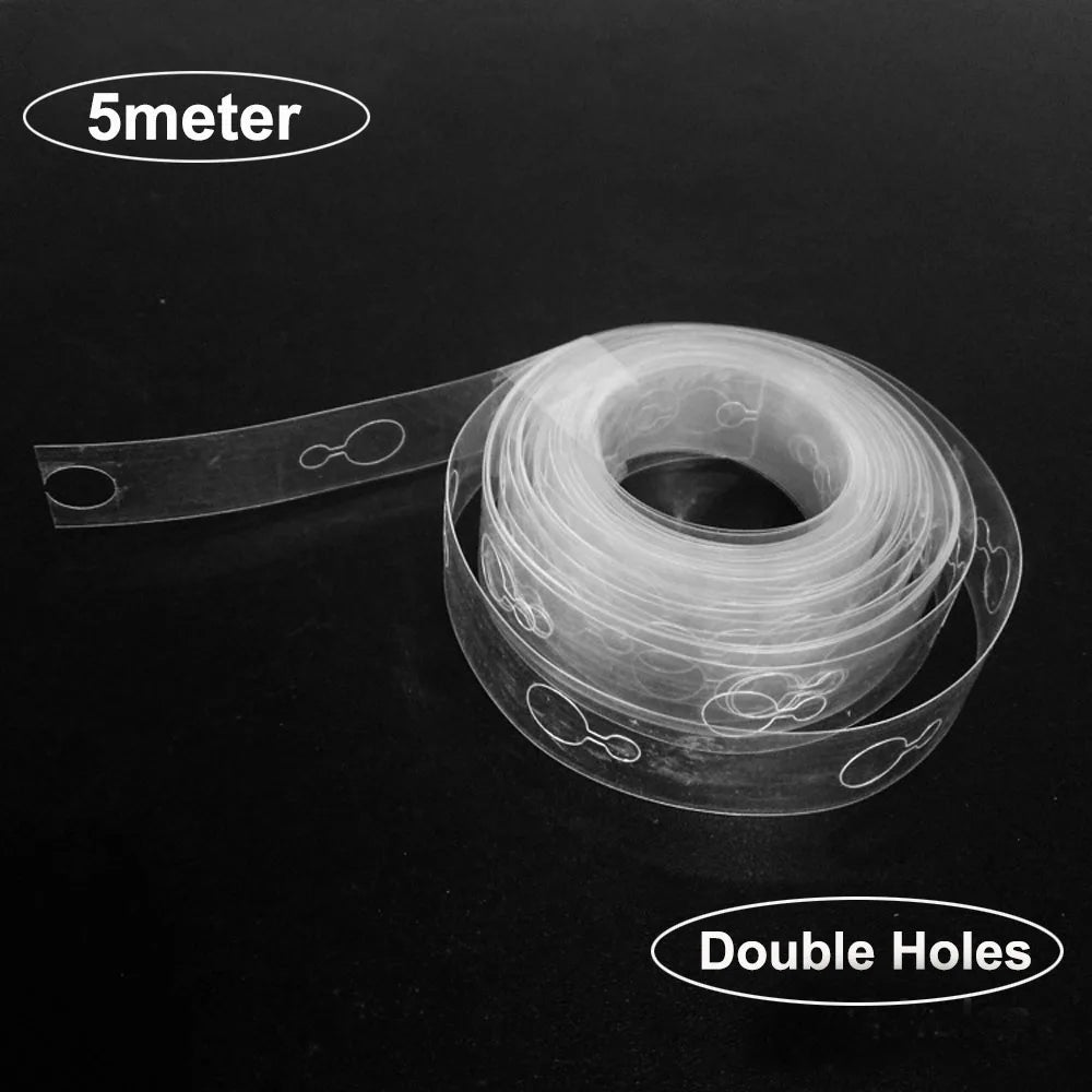 A roll of clear plastic balloon arch material with double holes, labeled as 5 meter long.