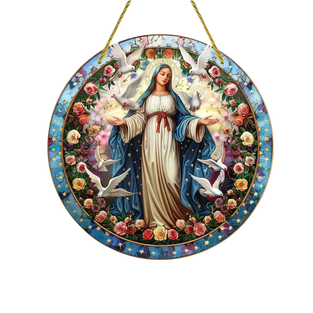 A translucent acrylic Mary Suncatcher featuring the Virgin Mary with wings surrounded by roses and light.