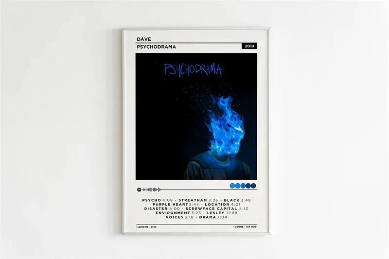 Album cover art for Dave's Psychodrama featuring a blue flame design on a black background.