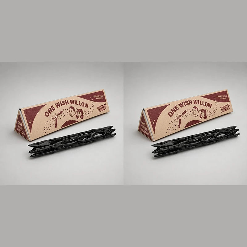 Two wooden wishing willow sticks with small boxes for good luck gifts