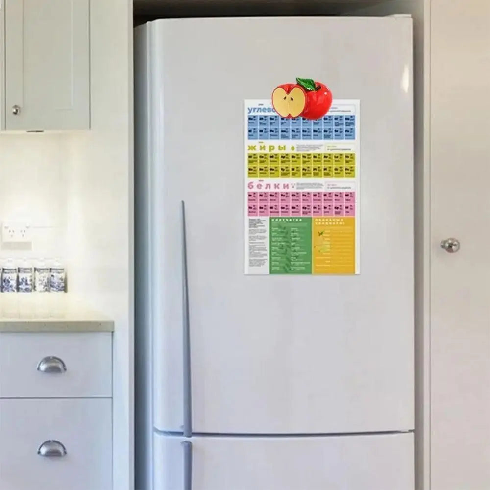 A refrigerator door features a poster with nutritional information and fruit images.
