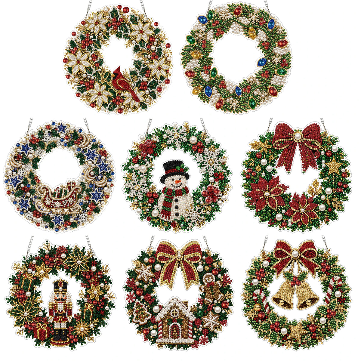 A collection of nine LED-illuminated diamond painting wreaths for Christmas décor.