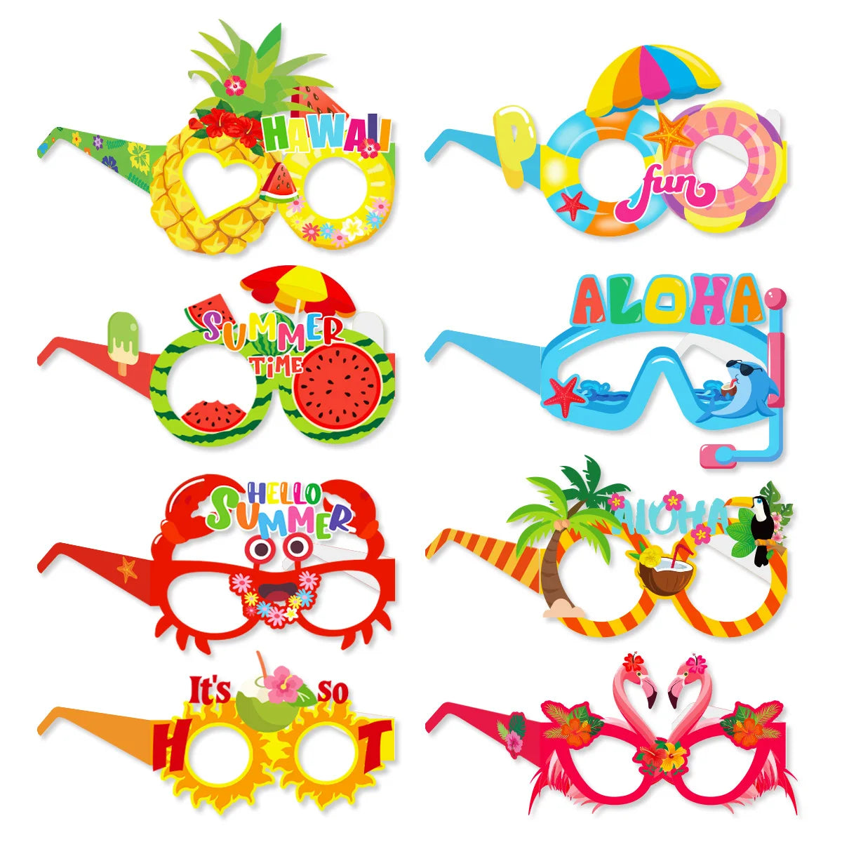 A set of colorful Hawaiian luau party sunglasses and table mats featuring tropical designs.