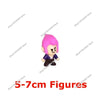 A small figure of a character with pink hair and purple clothing.