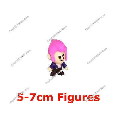A small figure of a character with pink hair and purple clothing.