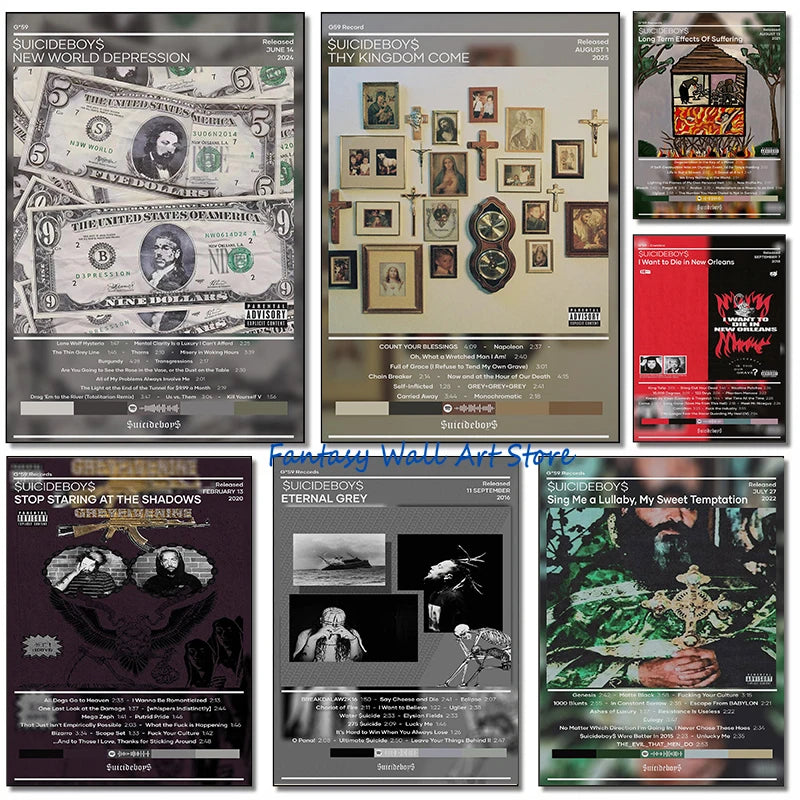 A collection of SUICIDEBOYS album covers featuring various artwork and typography on canvas prints.