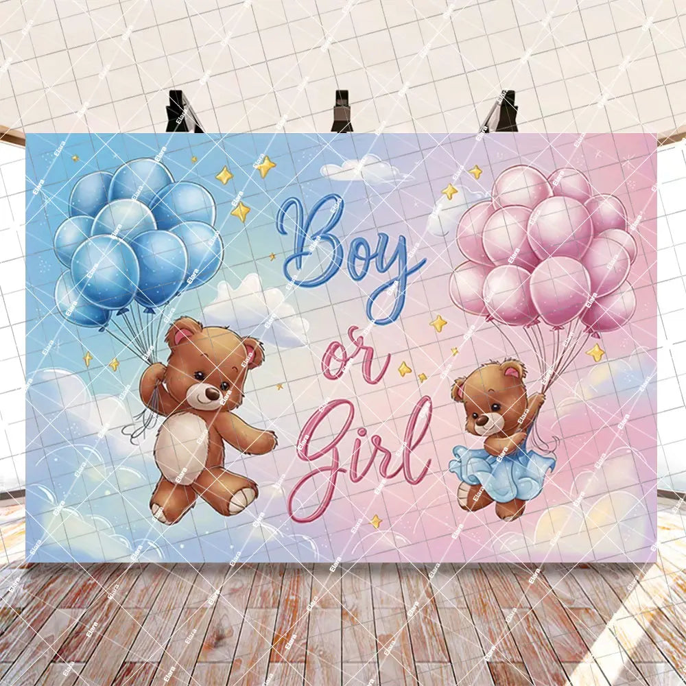A gender reveal decoration featuring blue and pink balloons with teddy bears, set against a light background.