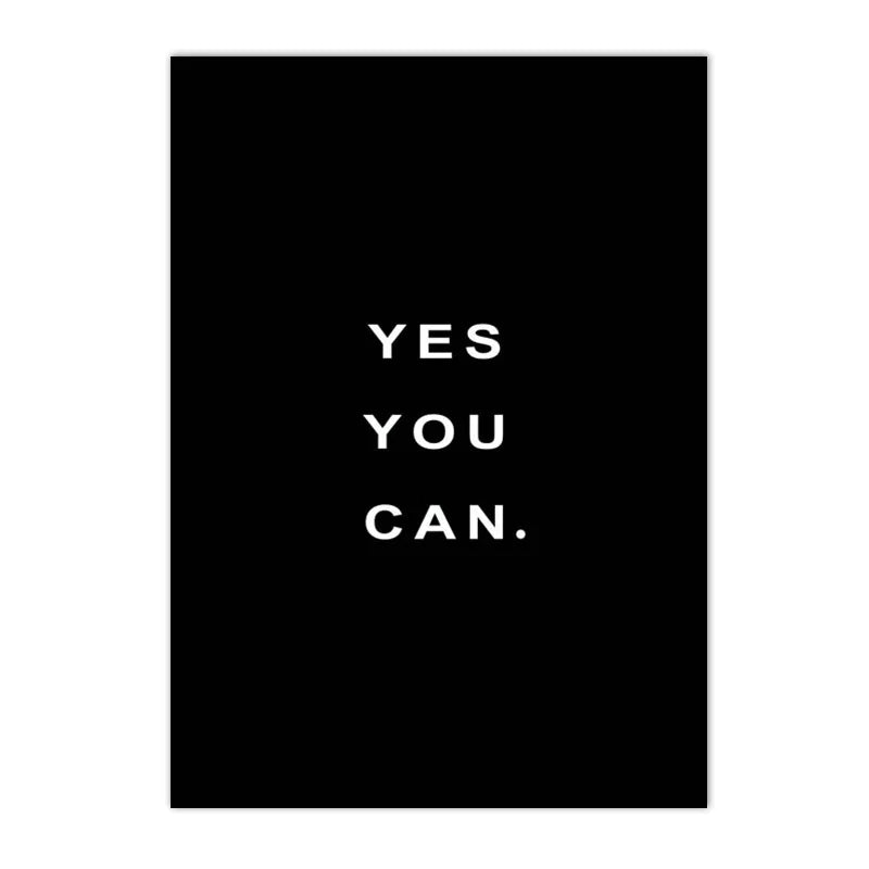 Black canvas art print with the motivational quote YES YOU CAN in white text.