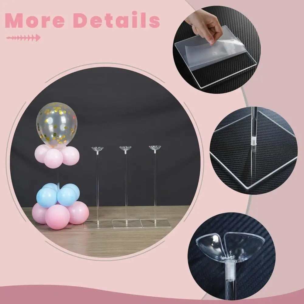 A set of clear acrylic balloon stands with balloons on a wooden table.