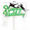 Green glitter script saying Happy Birthday with silhouettes of soccer players on a stick