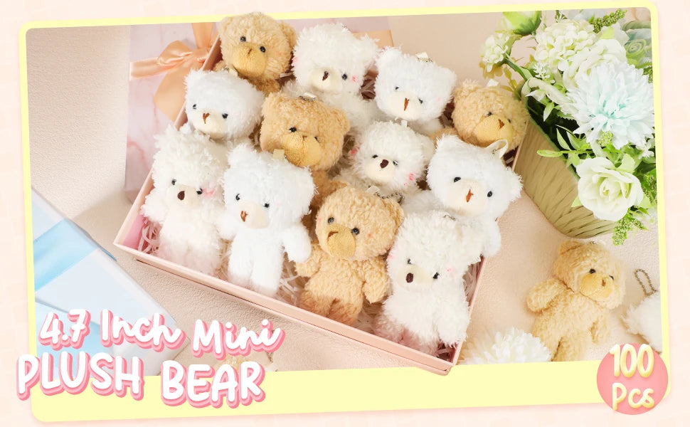 A box of 10 mini plush bear toys in various shades of cream and beige.