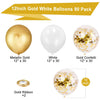 A pack of 90 12 inch gold and white balloons, including solid metallic gold, white, and gold confetti balloons, and gold ribb