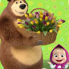 A brown bear is holding a basket of purple and yellow flowers next to a small girl with a pink dress.