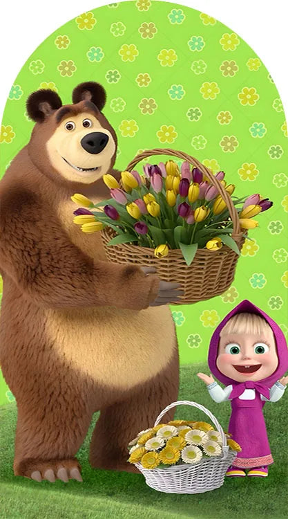 A brown bear is holding a basket of purple and yellow flowers next to a small girl with a pink dress.