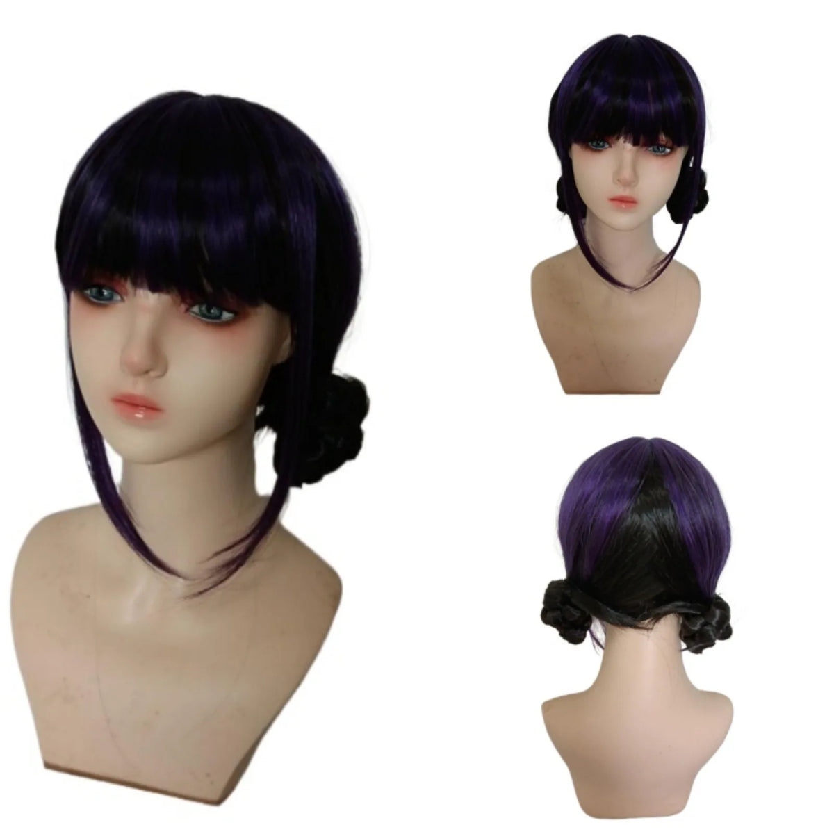 A purple long braid wig with a side ponytail shown on a mannequin head.