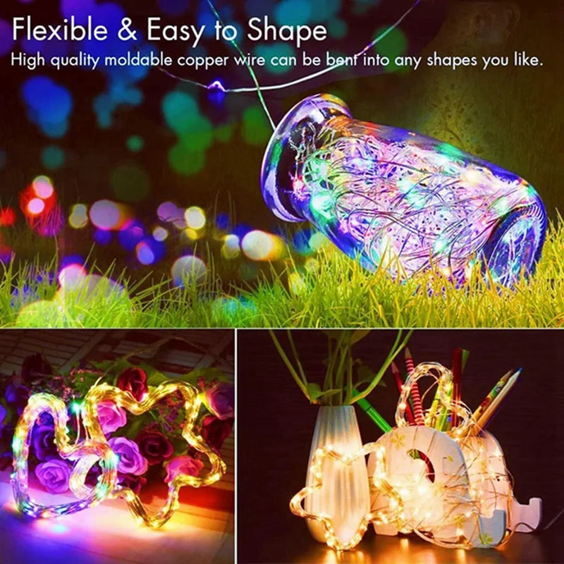 Flexible copper wire fairy lights bent into a glass shape, illuminating a grassy outdoor scene.