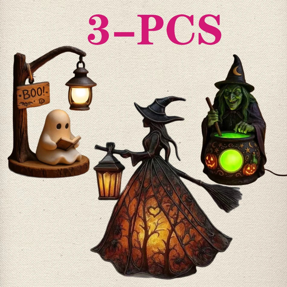Three resin witch ghost lanterns featuring a wizard, a ghost, and a glowing pumpkin.