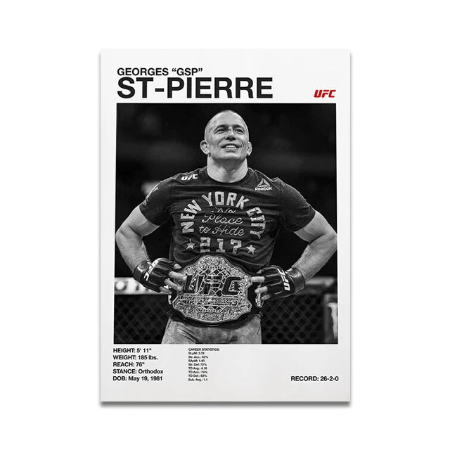 UFC-Poster mit Georges St-Pierre, seinen Kampfstatistiken und seinem Rekord