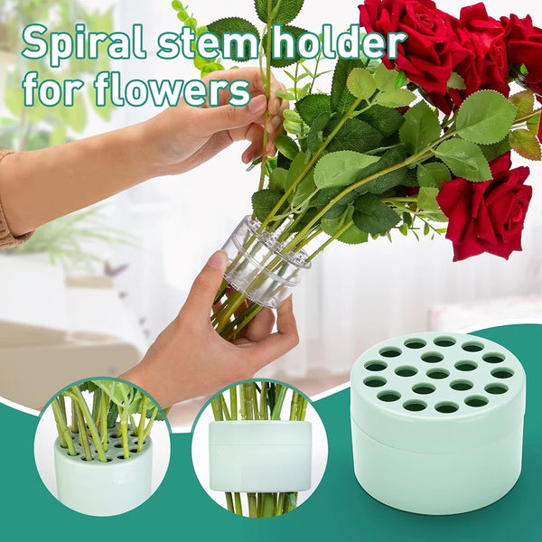 Hands hold a spiral stem holder for flowers, showing the product and its components.