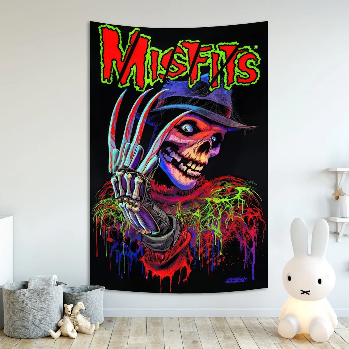 A dark poster featuring a skull with glowing eyes and hands, surrounded by dripping paint in red, green, and blue.